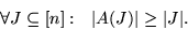 \begin{displaymath}
\forall J \subseteq [n]:  {\left\vert{A(J)}\right\vert} \ge {\left\vert{J}\right\vert}.
\end{displaymath}