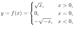$ y=f(x)=\begin{cases}\sqrt{x}, & x>0, 0, & x=0, -\sqrt{-x}, & x<0,\end{cases}$