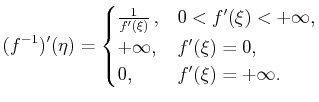 $\displaystyle (f^{-1})'(\eta)=\begin{cases}\frac 1{f'(\xi)} , & 0<f'(\xi)<+\infty, +\infty, & f'(\xi)=0, 0, & f'(\xi)=+\infty.\end{cases}$
