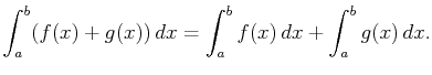 $\displaystyle \int_a^b(f(x)+g(x)) dx=\int_a^bf(x) dx+\int_a^bg(x) dx.$