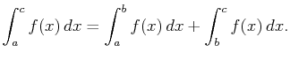 $\displaystyle \int_a^cf(x) dx=\int_a^bf(x) dx+\int_b^cf(x) dx.$