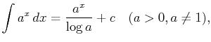 $\displaystyle \int a^x dx=\frac{a^x}{\log a}+c\quad (a>0, a\neq 1),$