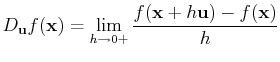$\displaystyle D_{\mathbf{u}}f(\mathbf{x})=\lim_{h\to 0+}\frac{f(\mathbf{x}+h\mathbf{u})-f(\mathbf{x})}{h}$