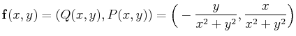 $\displaystyle \mathbf{f}(x,y)=(Q(x,y),P(x,y))=\Big(-\frac y{x^2+y^2},\frac x{x^2+y^2}\Big)$