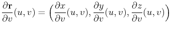 $\displaystyle \frac{\partial \mathbf{r}}{\partial v}(u,v)=\Big(\frac{\partial x...
...u,v),\frac{\partial y}{\partial v}(u,v),\frac{\partial z}{\partial v}(u,v)\Big)$