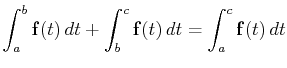 $\displaystyle \int_a^b\mathbf{f}(t) dt+\int_b^c\mathbf{f}(t) dt=\int_a^c\mathbf{f}(t) dt$
