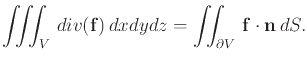 $\displaystyle \iiint_V div(\mathbf{f}) dx dy dz=\iint_{\partial V} \mathbf{f}\cdot\mathbf{n} dS.$